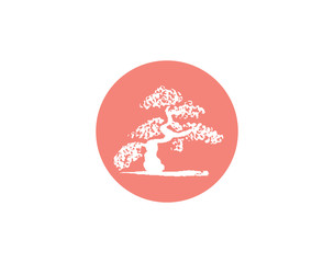 Vector illustration of the Japanese flag with a silhouette of a bonsai tree in pink circle center. Modern symbol of Japan.