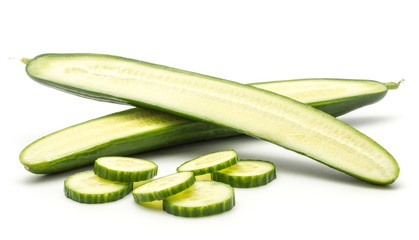 Sliced European cucumber with six slices (burpless, seedless, hothouse, gourmet, greenhouse or English) isolated on white background two halves.