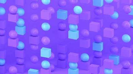 3d cubes and spheres background. Abstract wallpaper. Flying geometric shapes. Trendy modern illustration. 3d rendering. Falling squares and balls. Colorful poster backdrop. Minimal style.