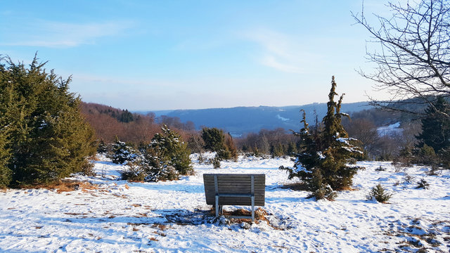 bench on hill for enjoying beautiful view of nature - Baden-Wurttemberg at winter