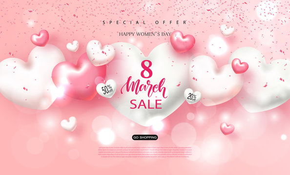 8 march Happy Women's day sale banner. Beautiful Background with hearts. Vector illustration for website , posters, ads, coupons, promotional material