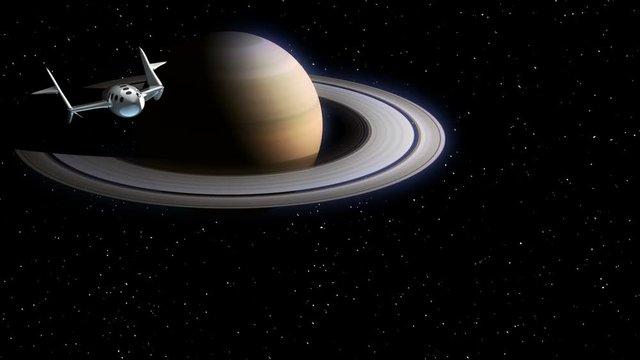 Fictional spaceplane returns from travel to Saturn. Concept of spaceship for space tourism. 3d animation. Texture of the Planet was created in the graphic editor without photos and other images.