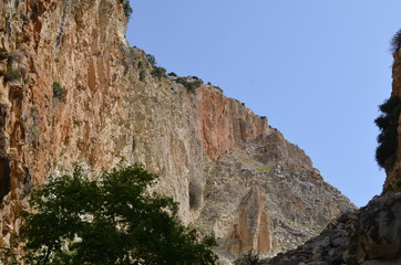 Fisheye view on Avakas Gorge with steep rocks and river on bottom. Akamas, Cyprus.