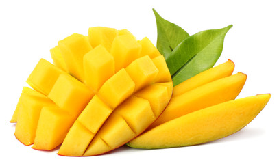 mango slice with green leaves isolated on white background. top view