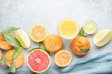 Fototapeta na wymiar Fresh fruits. Citrus background. Mandarin, grapefruit, lime, tangerine, lemon. Top view