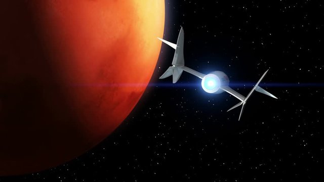 Mars on the background. Fictional spaceplane flies past Planet. Concept of spaceship for space tourism. 3d animation. Texture of Planet was created in graphic editor without photos and other images.