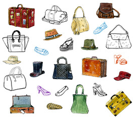 Hand drawn graphic set of clothing acessories, hats, bags, shoes