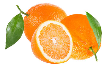 Two whole and half orange with leaf isolated on white