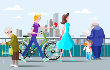 Romantic illustration for a meeting on the waterfront in the city. Man with a rose in hand and the bike. The girl with beautiful hair and a blue dress. An old man with a child, an elderly woman with a