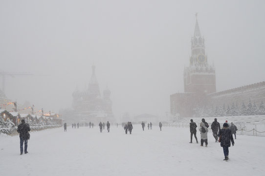 A view of the Red Square in Moscow during a snowstorm.