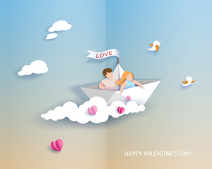 Valentines day card. Abstract background with couple in love in paper boat, heart and blue sky. Vector illustration. Paper cut and craft style.