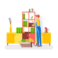 Cleaning of office. Worker is cleaning in the closet. Worker puts the books on the shelves of the cabinet on the background of the interior. Vector illustration in a flat style.