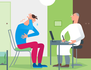 Patient doctor office consultation. Medical practitioner therapist examining young man for diagnosis. Simple flat cartoon illustration
