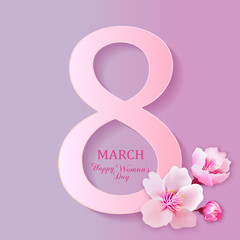 8 march modern background design with flowers. Happy women's day stylish greeting card with cherry blossoms