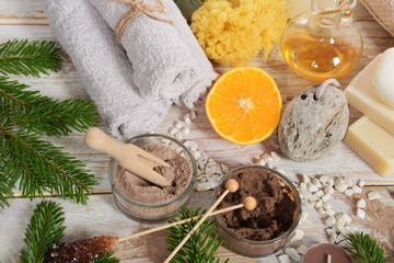 gift with natural soap and mud on the body with an orange fragrance with free space for text