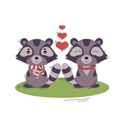 vector Valentine's day greeting card illustration with cartoon style raccoon