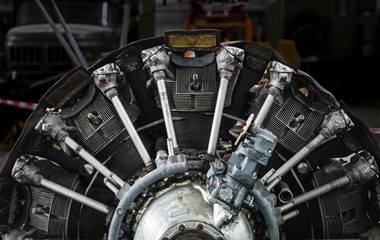The engine of a piston airplane.
