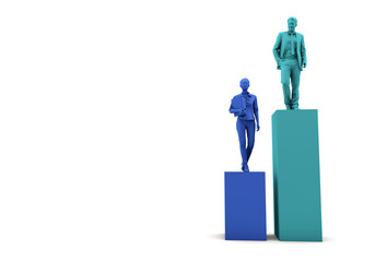 Gender equality concept. Businesswoman and businessman on two towers. 3D Rendering