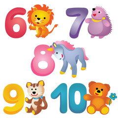 Numbers from 6 to 10 with plush animals / Colorful numbers from 6 to 10 with plush lion, hedgehog, unicorn, cat and bear
