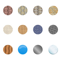 Icon set of different fabrics and materials / 
Round icons of different fabrics and materials as rattan, cotton, flax, leather, wood, plastic and glass
