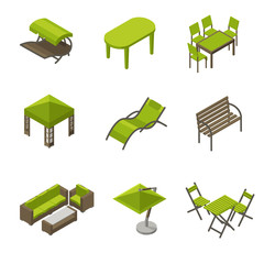 Icon set of garden furniture in isometric style / Isometric icons of garden furniture as umbrella, wooden and plastic tables, swing and awning
 - obrazy, fototapety, plakaty