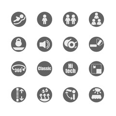 Icon set of furniture and equipment features / Glyph icon set of furniture and equipment features as spaciousness, wheels, style, adjustment of parameters
