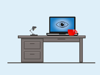 A laptop screen with an eye. Total surveillance. Big brother concept. Stealing confidential data. Concept of protecting information. Biometric identification. Isolated vector illustration