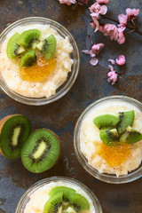 Rice pudding with kiwi pieces, orange jam and cinnamon in small glass bowls, photographed overhead on slate with natural light