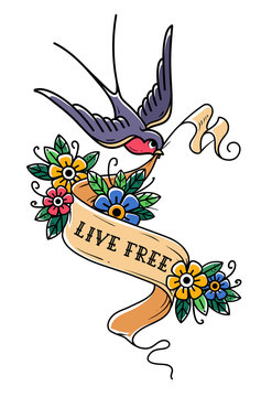 Bird flies and carries ribbon is decorated with flowers. Ribbon with inscription Live Free. Old School tattoo design