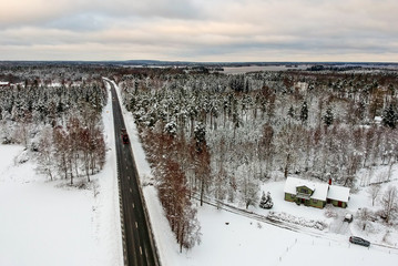 Aerial Swedish landscape in winter season