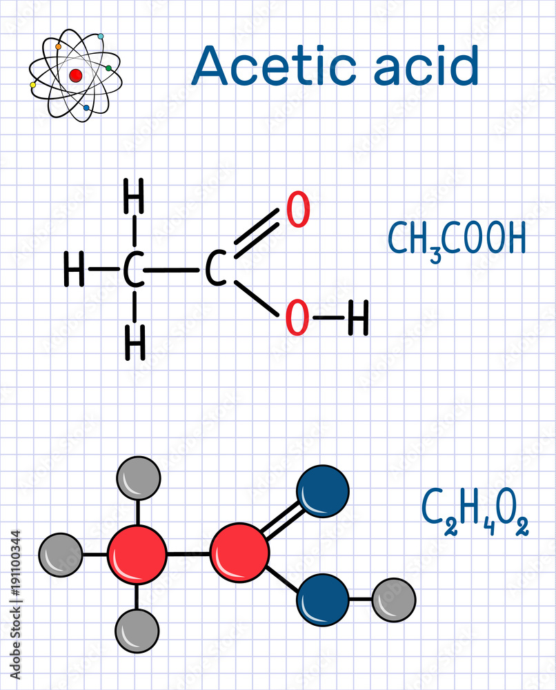 Wall mural Acetic acid (ethanoic) molecule. Structural chemical formula and molecule model. Sheet of paper in a cage