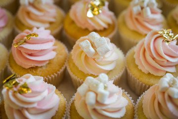 candy bar decorated by delicious sweet buffet with cupcakes and other desserts/candies,happy birthday concept