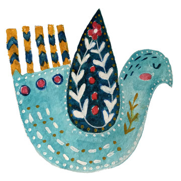 Watercolor Illustration with birds and flowers in a Scandinavian style. Folk art.