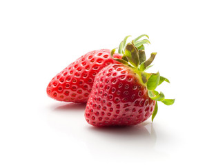Two garden strawberries isolated on white background ripe fresh.