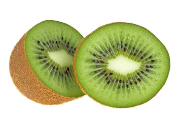 One kiwi fruit cut in halves isolated on white background