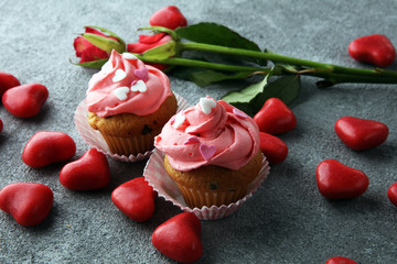 Delicious cupcake for Valentine Day. cake for Valentines day with chocolate and strawberries. Traditional homemade with red roses
