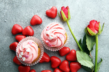 Delicious cupcake for Valentine Day. cake for Valentines day with chocolate and strawberries. Traditional homemade with red roses