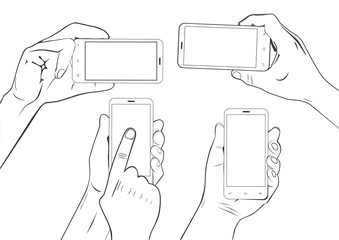 Hand gestures holding smartphone touchscreen sketch set isolated