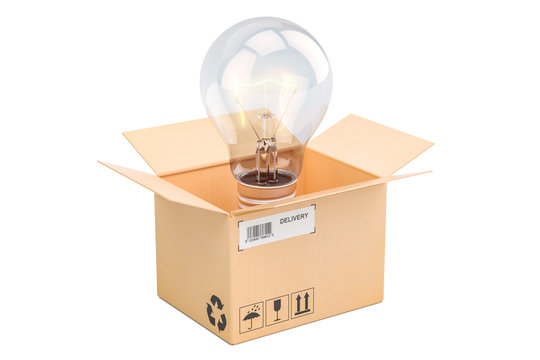 Opened cardboard box with lightbulb inside, new idea concept. 3D rendering