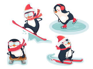 Naklejka premium active penguins in winter