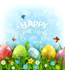 Vector illustration. Easter greeting card with colorful eggs lying on the green grass against the blue sky. Design element, greeting card template