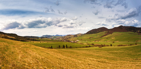 Obraz premium Spring mountain meadow landscape. Panorama of Slovakia Tatras mountains in spring