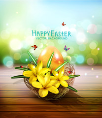 Vector illustration. Easter card with colorful eggs and crocuses, lying in a wicker basket, standing wooden table. Design element, greeting card template
