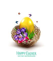Vector illustration. Easter card with colorful eggs and crocuses lying in a wicker basket, isolated on white background. Design element, greeting card template