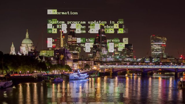 amazing london city timelapse at night with data and computer programming information in the sky and reflected in the river