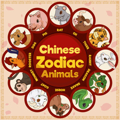 Traditional Chinese Zodiac Animals in a Cute Representation, Vector Illustration