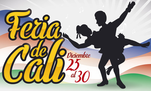 Salsa Dancers Silhouette Celebrating in the Colombian Fair of Cali, Vector Illustration