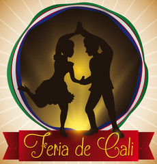 Button with Salsa Dancers Silhouette and Ribbon for Fair's Cali, Vector Illustration