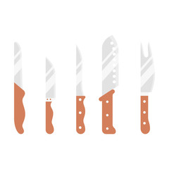 Set icon flat kitchen steel knife with wooden handle
