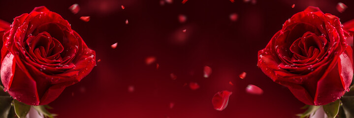 Red roses. Bouquet of red roses. Valentines Day, wedding day background. Valentines and wedding border. Waters drops on roses petals.